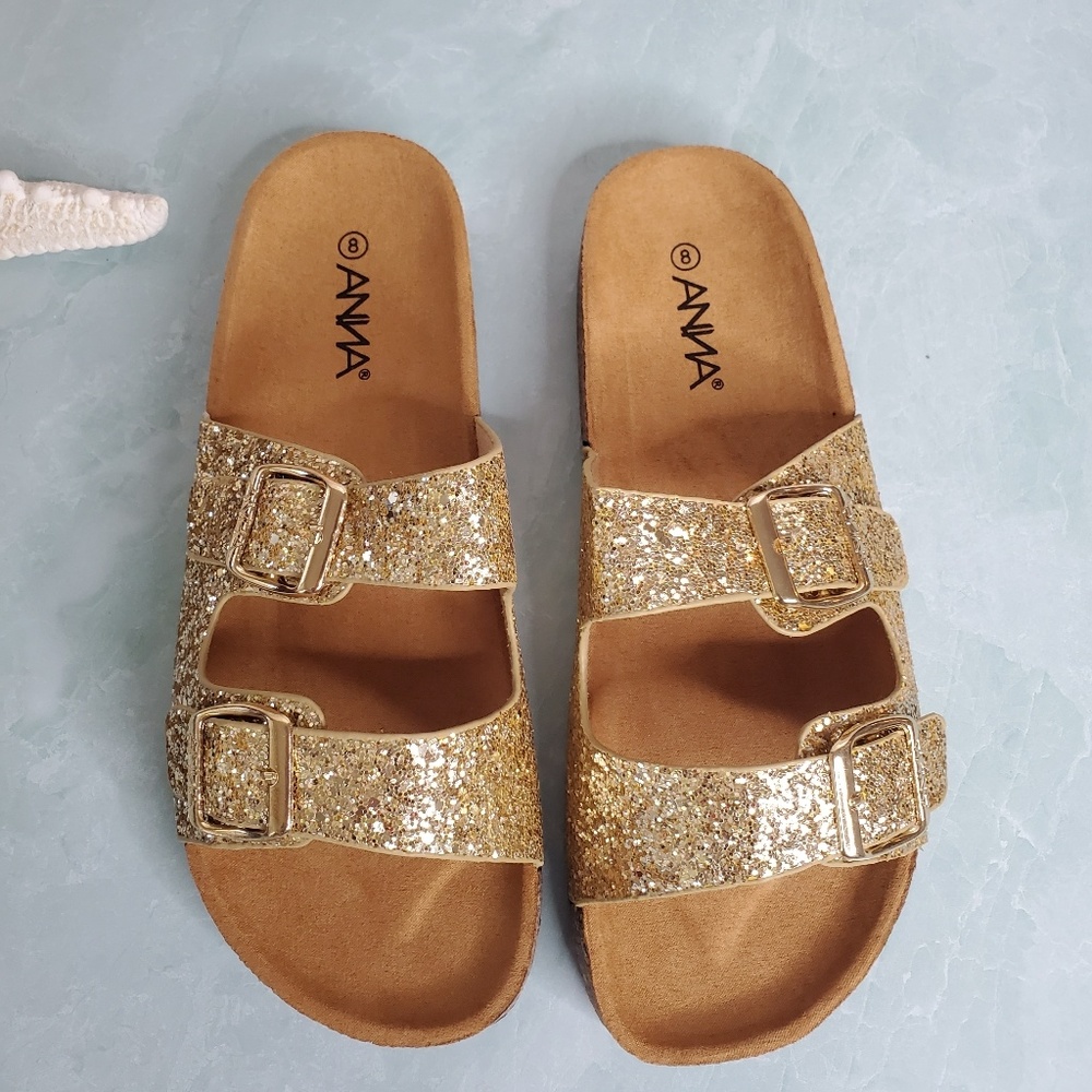 New! Glitter Double Buckle Cork Sandals - Picture 6 of 8